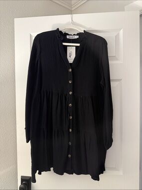 Black Tiered Long-Sleeve Button Dress